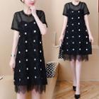 Mock Two-piece Short-sleeve Dotted Midi Lace Dress
