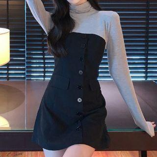 Mock Two-piece Long-sleeve Button-up Dress
