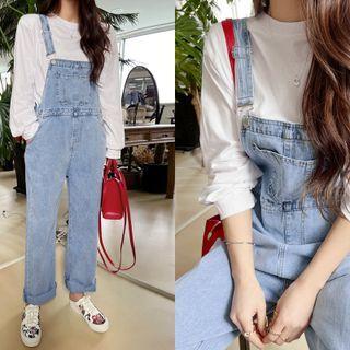 Buckled Pocket-front Denim Jumpsuit Light Blue - One Size