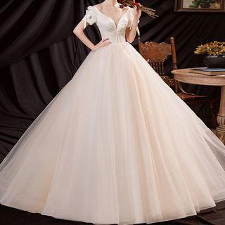 Short-sleeve V-neck Mesh A-line Wedding Gown