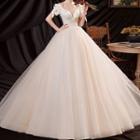 Short-sleeve V-neck Mesh A-line Wedding Gown