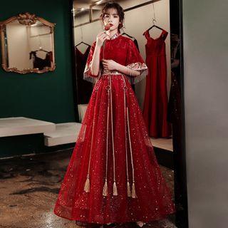 Elbow-sleeve Chinese Embroidery Mesh A-line Evening Gown