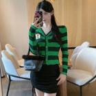 Striped V-neck Cardigan / Drawstring Skirt