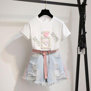 Set: Short-sleeve Beaded T-shirt + Ripped Denim Shorts