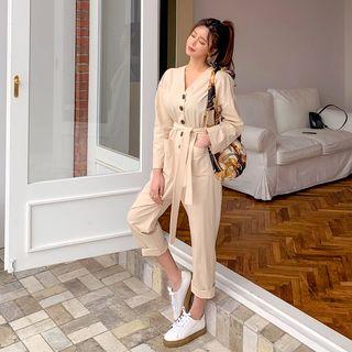V-neck Pocket-detail Jumpsuit With Sash One Size