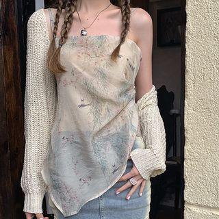 Asymmetrical Floral Print Camisole Top / Ribbed Cardigan