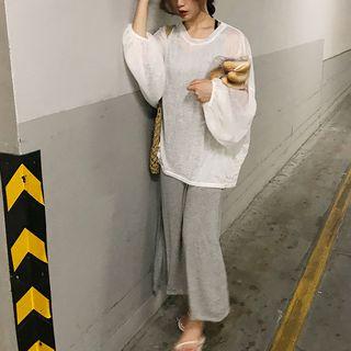 Plain Long-sleeve Top / Crew-neck Midi Tank Dress