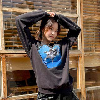 Drop-shoulder Cat Print Sweatshirt