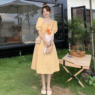 Puff-sleeve Square-neck Midi A-line Dress Yellow - One Size