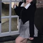 Long-sleeve Collar Top / Pleated Mini A-line Skirt
