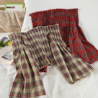 Flare-sleeve Off Shoulder Plaid Top