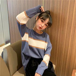 Long-sleeve Striped Sweater + Medium Long Semi Skirt (set Of 2)