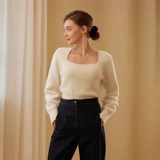 Square-neck Crop Fuzzy Sweater