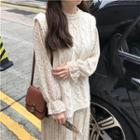 Long-sleeve Floral Print Midi Pleated Dress / Cable-knit Vest