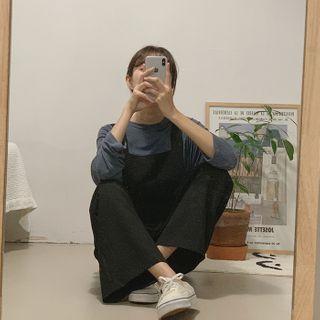 Wide-leg Plain Overall Pants Black - One Size