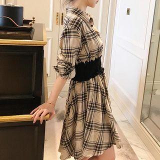 Long Sleeve Elastic Waist Plaid Shirtdress