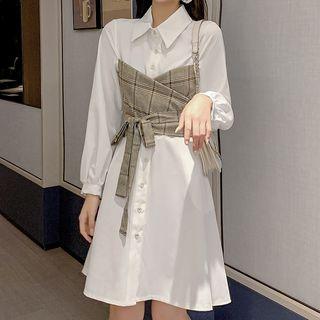Long-sleeve Plaid Panel Shirtdress