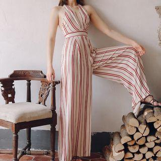 Halter V-neck Striped Wide-leg Jumpsuit