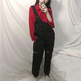 Plain Shirt / Ripped Pinafore Jumpsuit