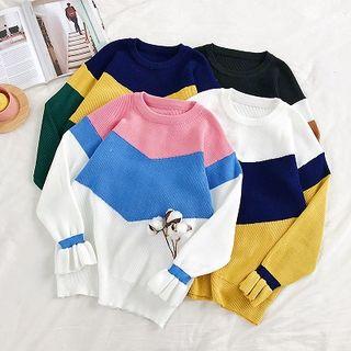 Color-block Crewneck Flare-sleeve Sweater