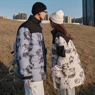 Couple Matching Cartoon Pattern Padded Zip Coat