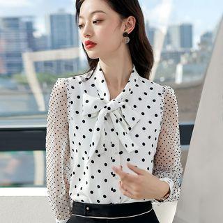 Long-sleeve Polka Dot Mesh Paneled Shirt / Dress Pants / Set
