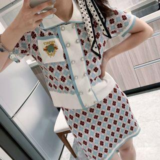 Set: Clover Pattern Short-sleeve Knit Top + Knit Skirt