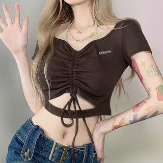 Mock Two-piece Short-sleeve Halter Knit Crop Top