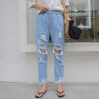 Elastic Waist Ripped Cropped Jeans