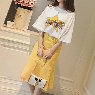 Set: Elbow-sleeve Lettering T-shirt + Midi Mermaid Skirt