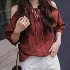 Elbow-sleeve Cold-shoulder Dotted Top