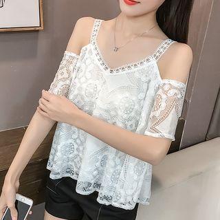 Lace Cut Out Shoulder Short Sleeve Blouse