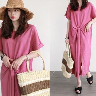 Knot-front Linen Blend Long Dress