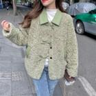 Bow-accent Fleece Button Jacket Green - One Size
