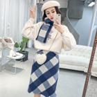 Set: Embroidered Pullover + Plaid Straight-fit Skirt + Scarf
