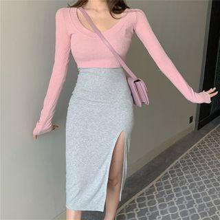 Spaghetti Strap Slit Midi Bodycon Dress / Long-sleeve Cropped T-shirt