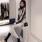 Letter Embroidered Contrast Trim Long-sleeve Midi Dress