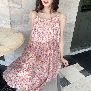 Spaghetti Strap Midi Floral Dress / Short-sleeve Mesh Top