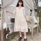 Elbow-sleeve Midi Chiffon Dress Almond - One Size