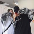Couple Matching Long-sleeve Striped Panel Lettering T-shirt