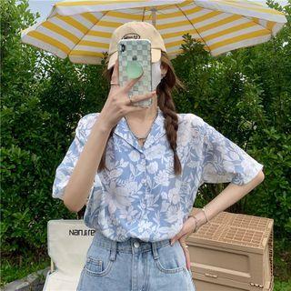 Short Sleeve Floral Print Chiffon Shirt Blue - One Size