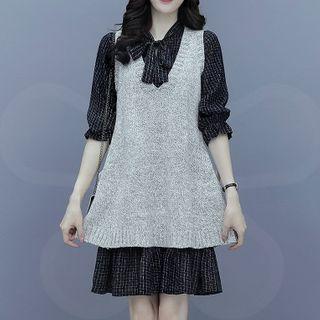 Set: Long-sleeve Bow Plaid A-line Dress + V-neck Plain Double Pocket Knit Vest