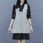 Set: Long-sleeve Bow Plaid A-line Dress + V-neck Plain Double Pocket Knit Vest