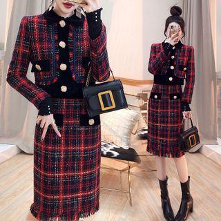Set: Plaid Tweed Button-up Jacket + Fringe Trim Pencil Skirt