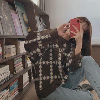 Loose-fit Argyle Sweater Brown - One Size