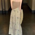 Set: Spaghetti Strap Panel Maxi A-line Dress + Long-sleeve Crop Top