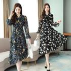 Long-sleeve Floral-print Midi A-line Chiffon Dress