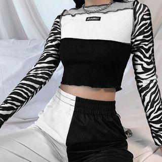 Long-sleeve Zebra Print Paneled T-shirt