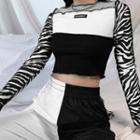 Long-sleeve Zebra Print Paneled T-shirt
