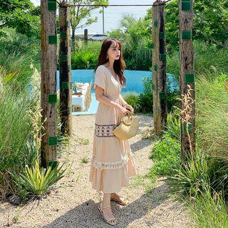 Tie-back Tasseled Embroidered Maxi Tiered Dress